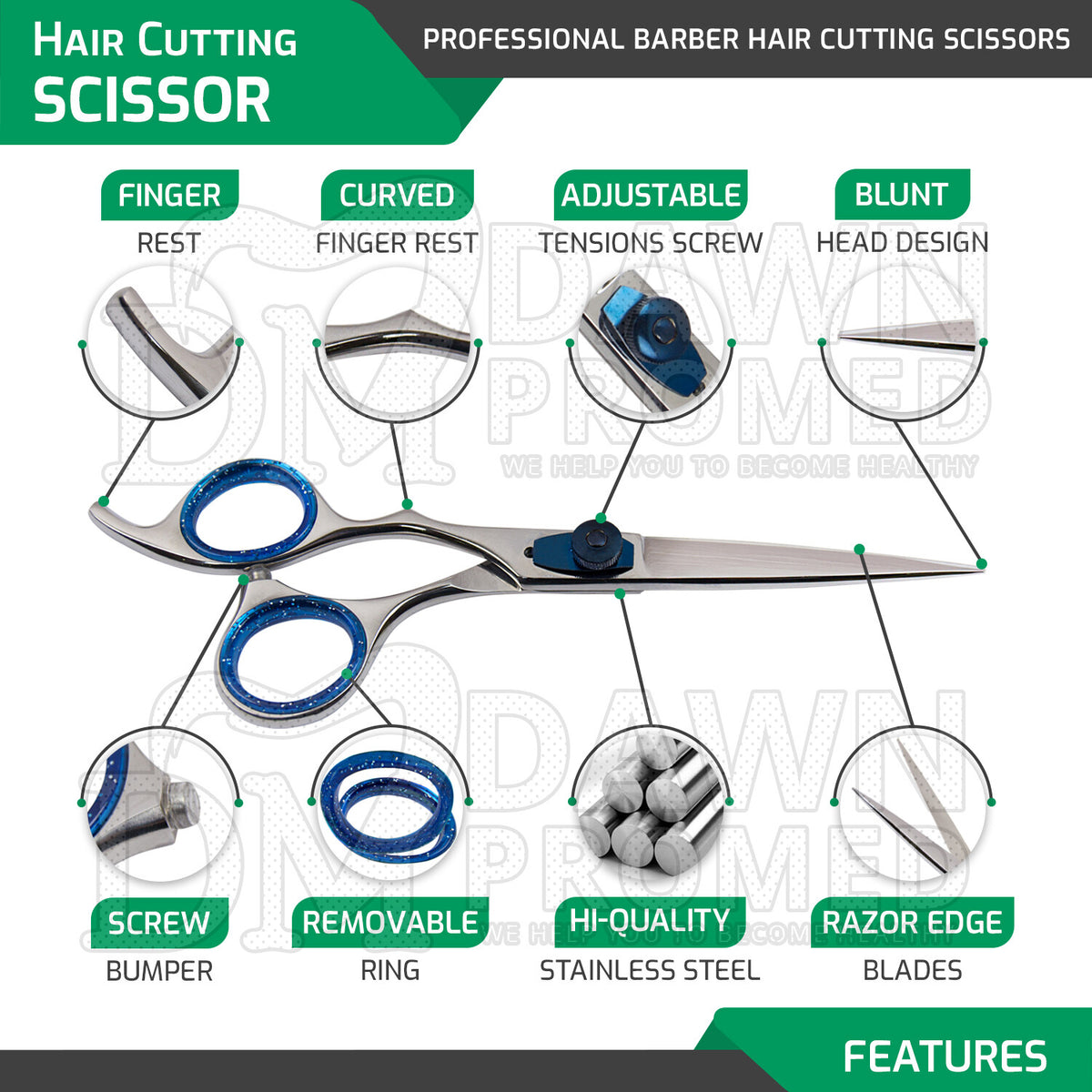Professional Hair Cutting Scissors 6.5" Razor Edge Barber Shears with Blue Tension Screw