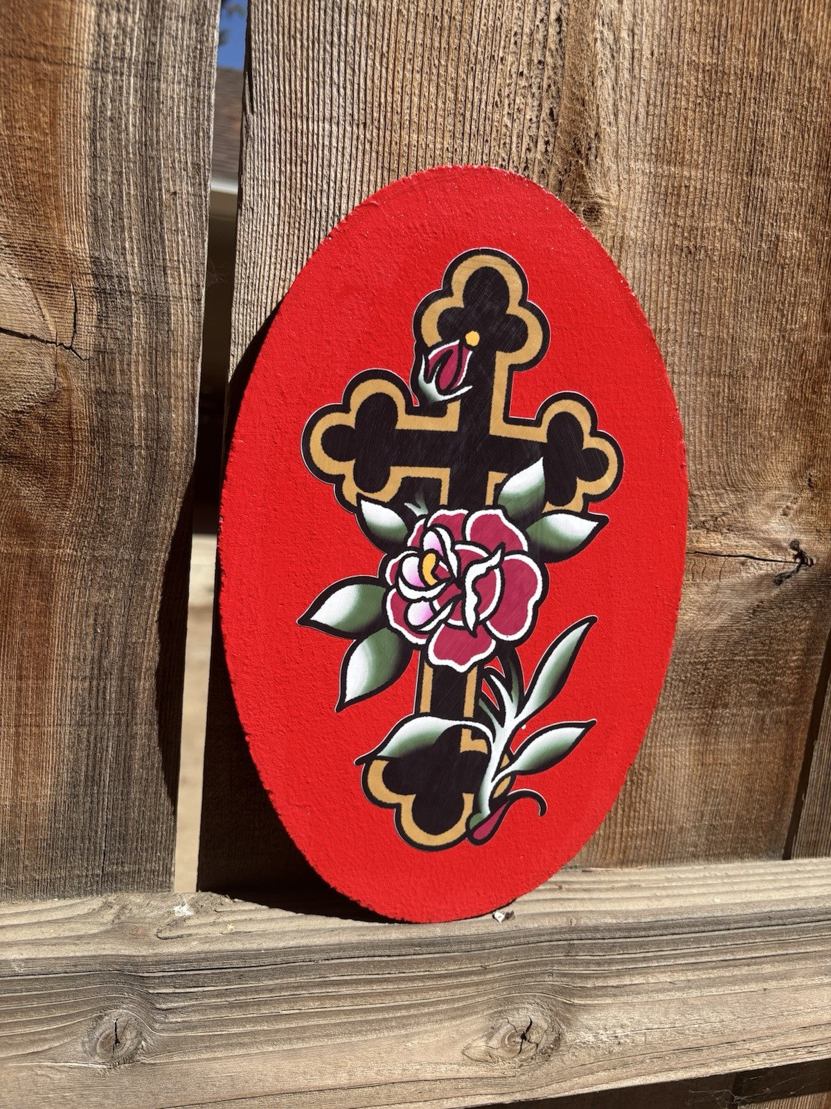 Handmade American Traditional Cross and Rose Sign – Wall Decor