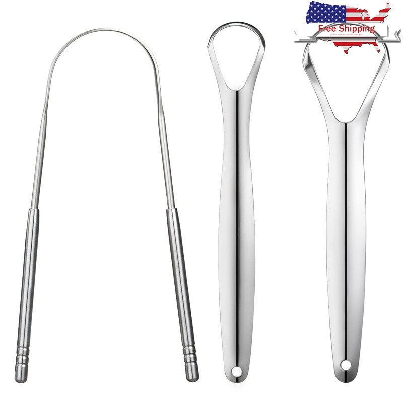 Stainless Steel Tongue Scraper Set - Dual Handle, Adults, 3 Pack