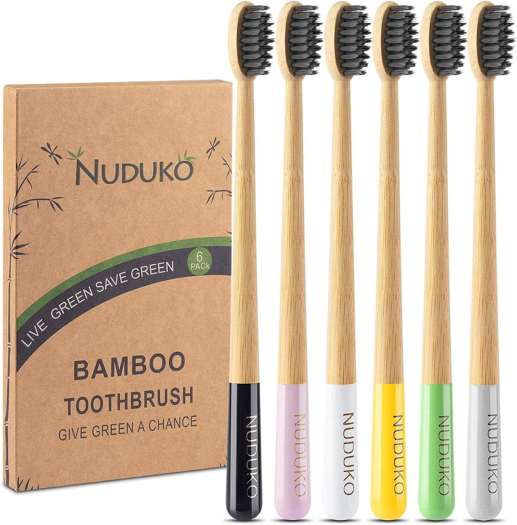 Bamboo Charcoal Toothbrushes 6 Pack - Soft BPA Bristles, Eco-Friendly & Biodegradable