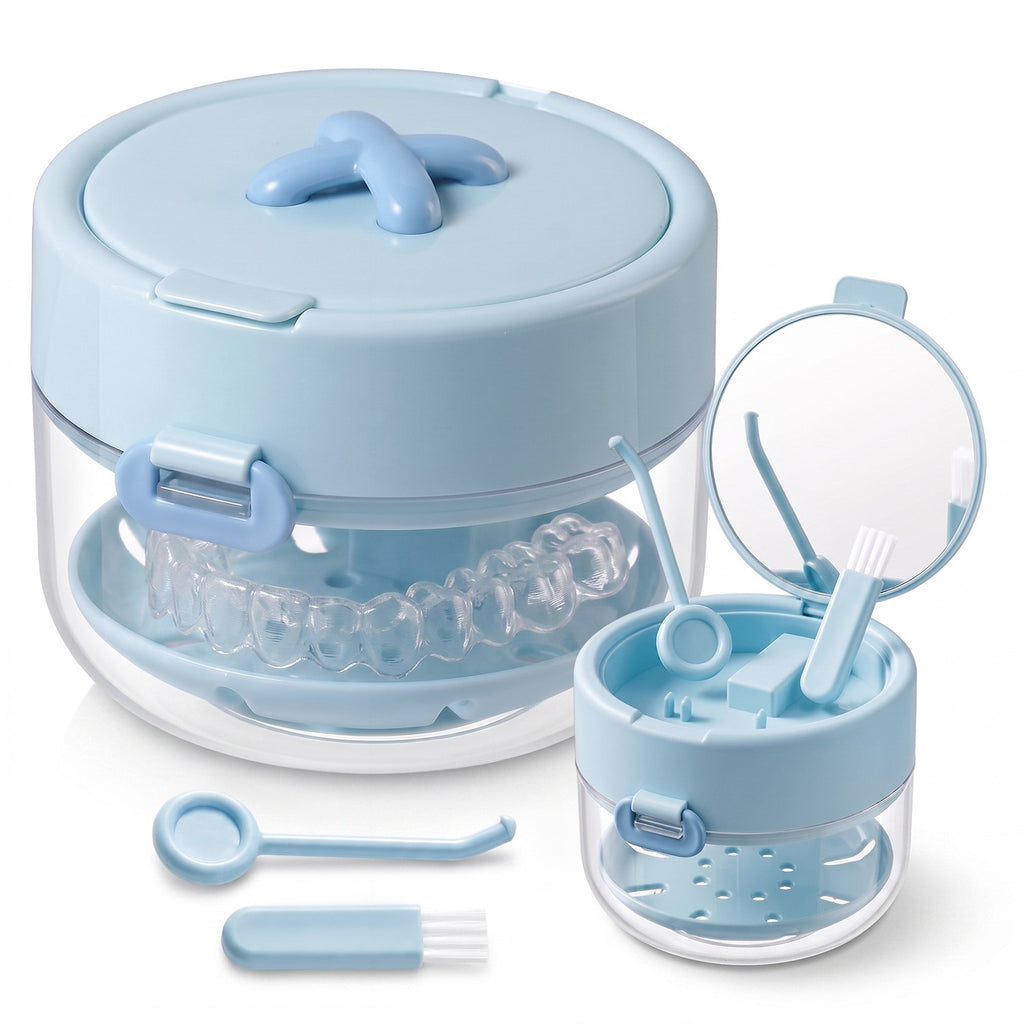 3-in-1 Denture Cleaner Case with Mirror & Cleaning Tools - Portable Leak-Proof Storage