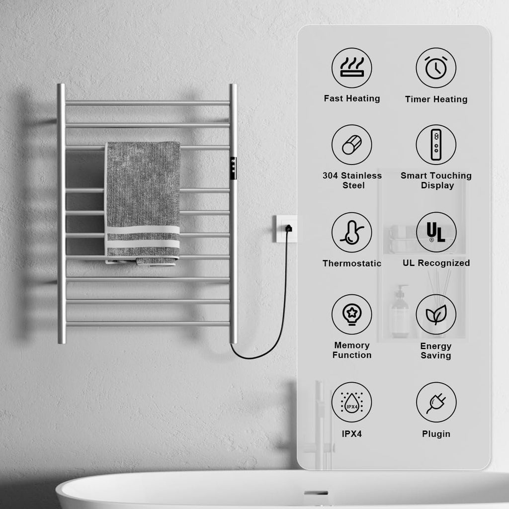 Electric Towel Warmer Rack with Timer & Temperature Control, Wall-Mounted 10 Bars
