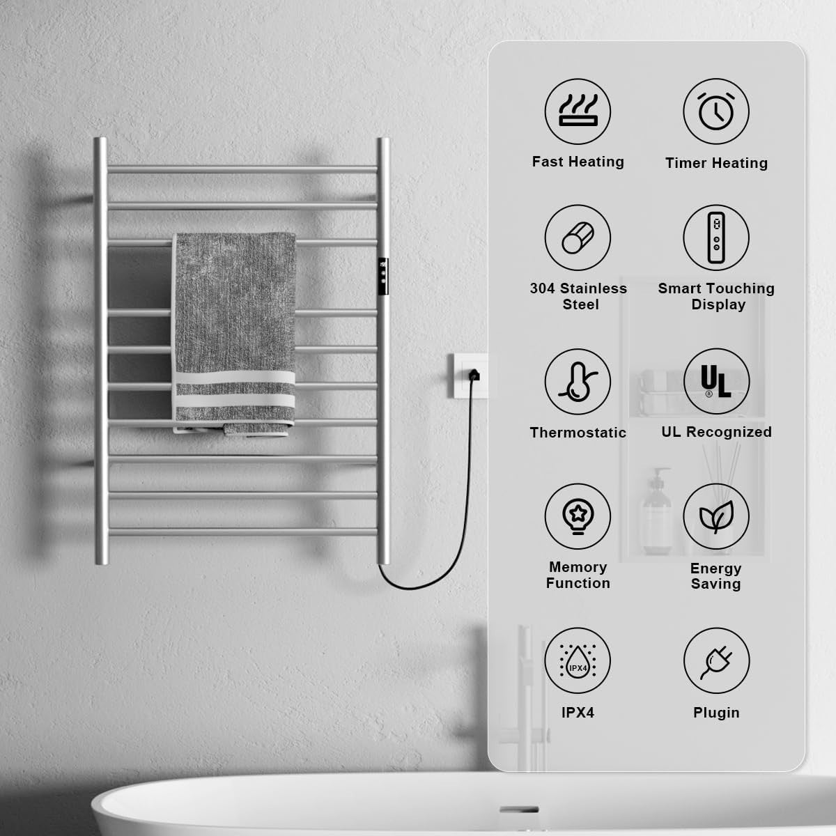 Electric Towel Warmer Rack with Timer & Temperature Control, Wall-Mounted 10 Bars
