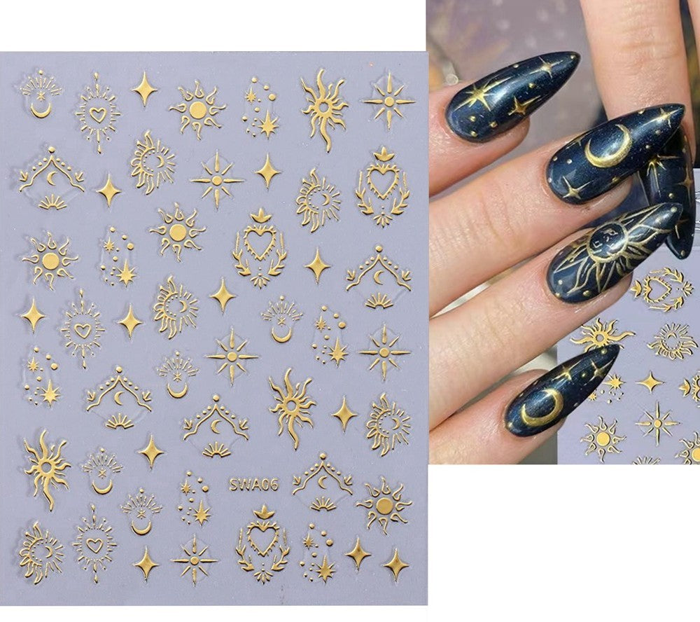 Moon Sun Nail Art Stickers Celestial Star Gold Silver Self-Adhesive Sheet