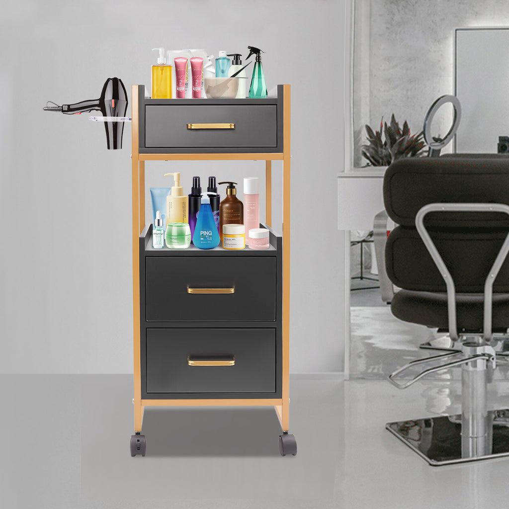 Mobile Salon Storage Cart with 3 Drawers and Hair Dryer Holder - Gold & Black