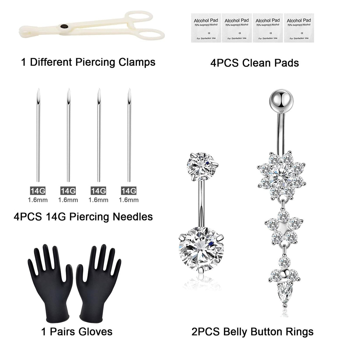Belly Piercing Kit 13Pcs - 14G Belly Button Rings, Clamp, Tools & Gloves
