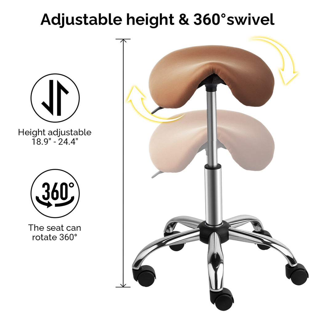 Height Adjustable Saddle Stool with Casters - Ergonomic PU Leather Office Chair