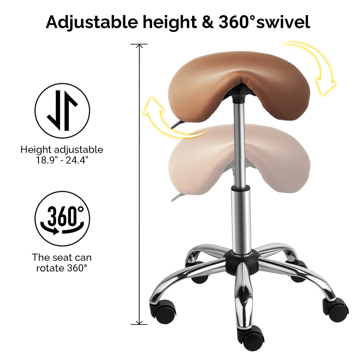 Height Adjustable Saddle Stool with Casters - Ergonomic PU Leather Office Chair