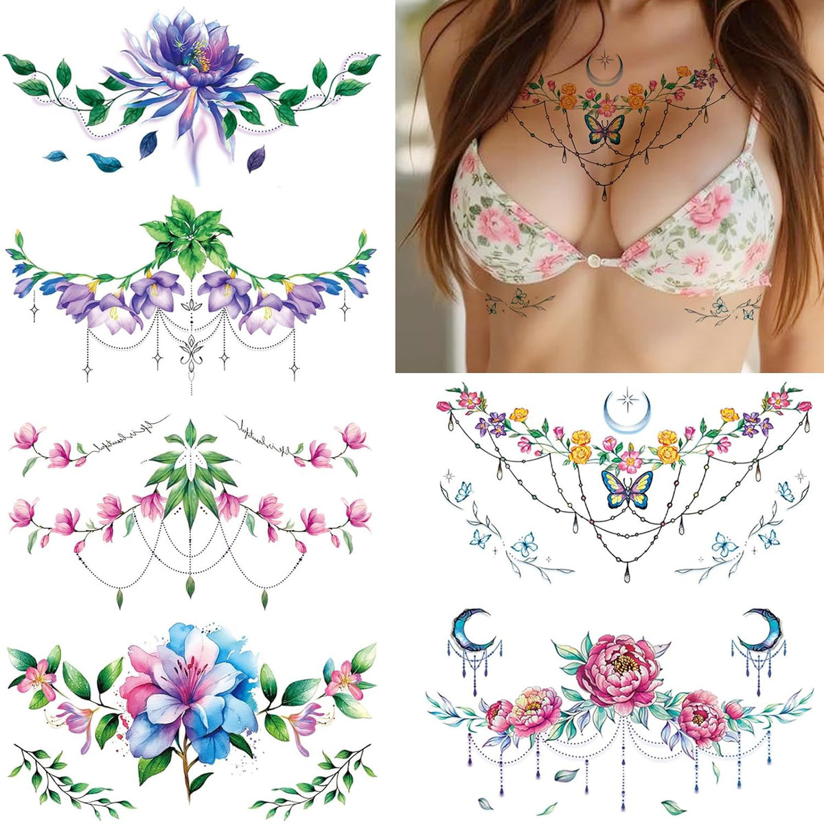 Watercolor Flower Temporary Tattoos for Women – 10 Chest/Body Art Sheets