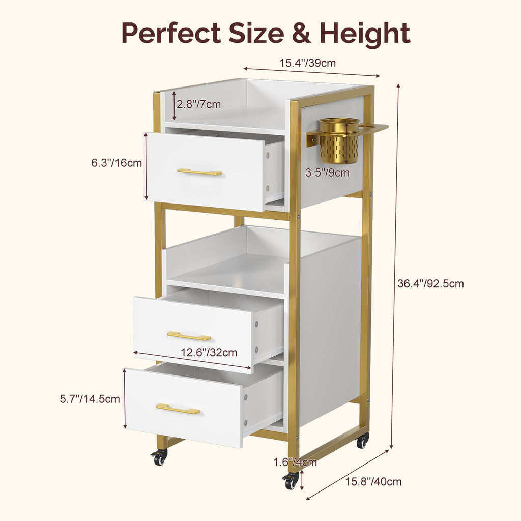Mobile Salon Trolley Cart with 3 Drawers & Shelves for Beauty & Spa