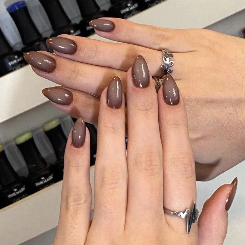 48Pcs Medium Almond Solid Taupe Brown Glossy Press-On Nails