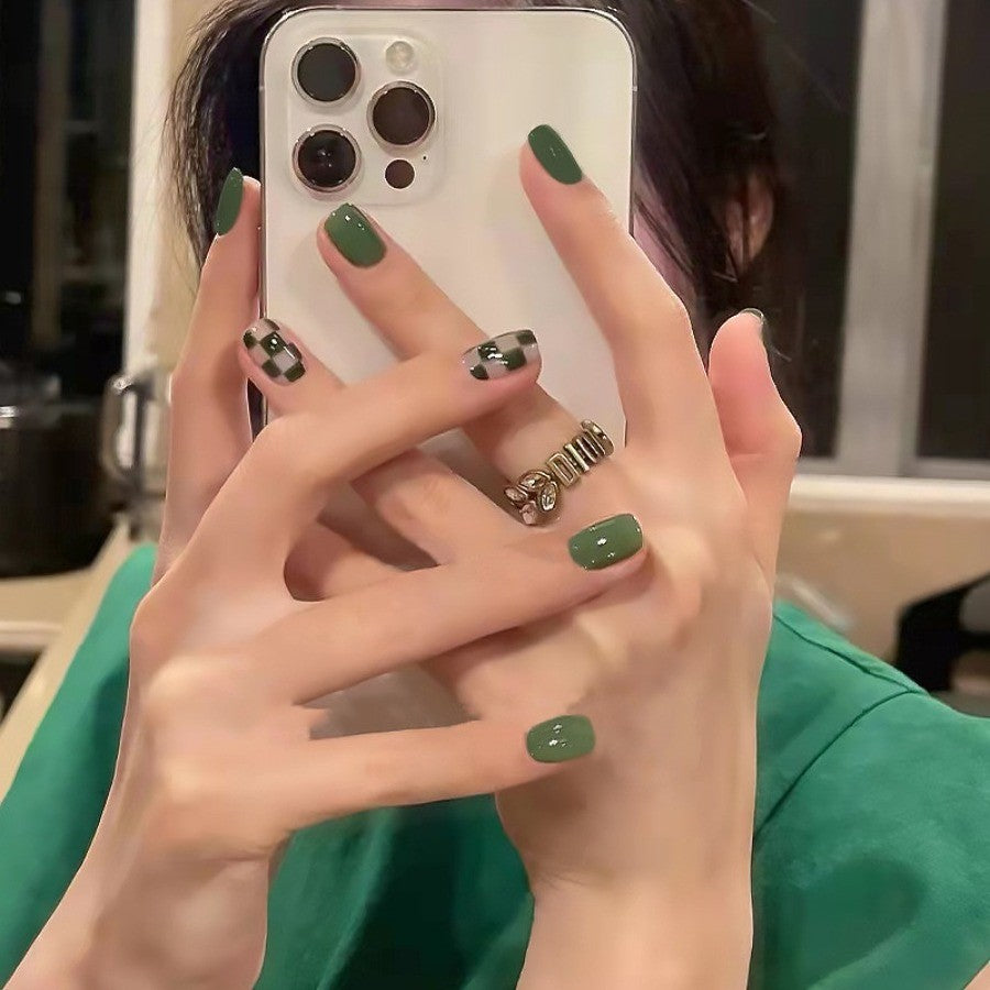 48P Olive Green Short Square Press-On Nails with Plaid Design - Minimal Daily Fake Nails