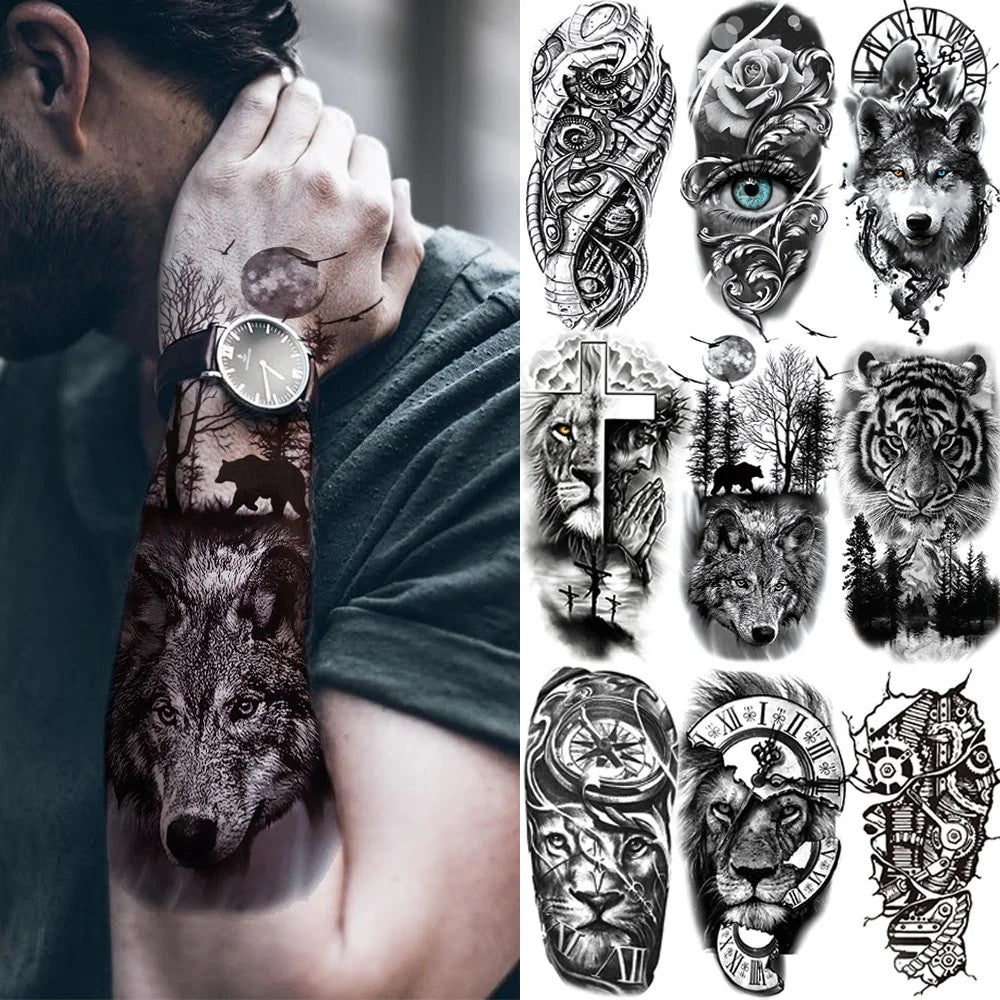 Temporary Tattoo Sticker Set for Men Women – Tiger Wolf Skull Flower Designs