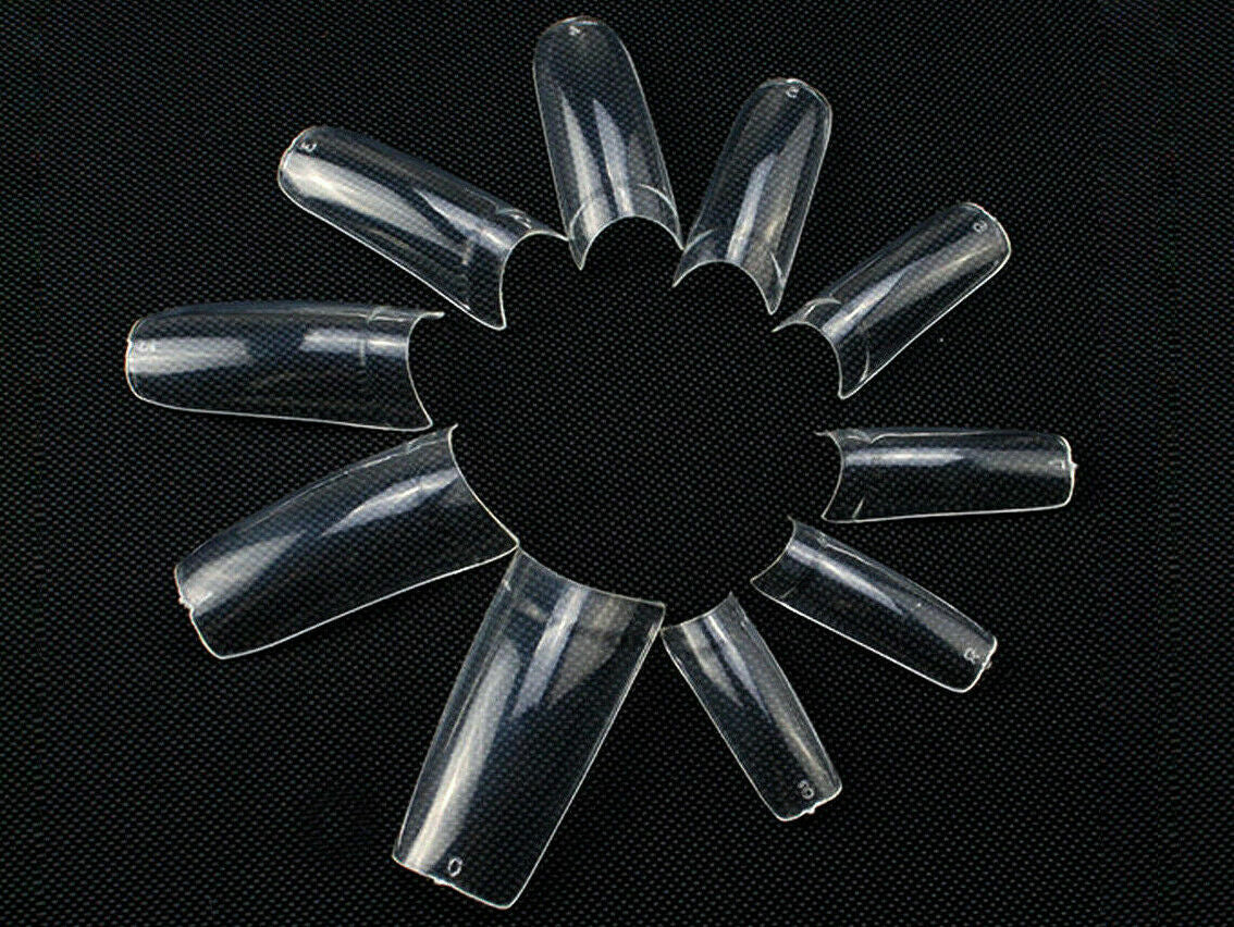Long Square False Nail Tips - Coffin Shape, Transparent, French Style, 500 or 1000 Pcs