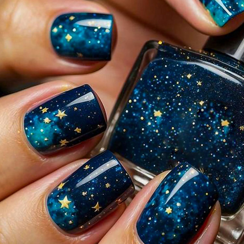 Starry Sky Press-On Nails Short Square 24 Pack with Glue & Nail File