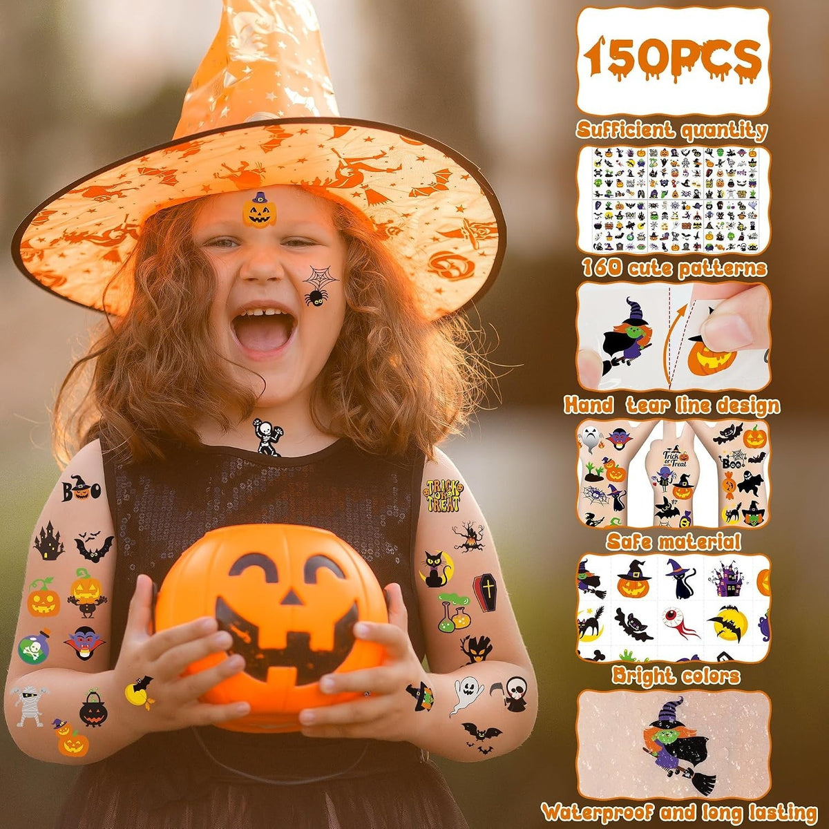 150 Cute Halloween Temporary Tattoos for Kids – Waterproof Fun for Trick or Treat