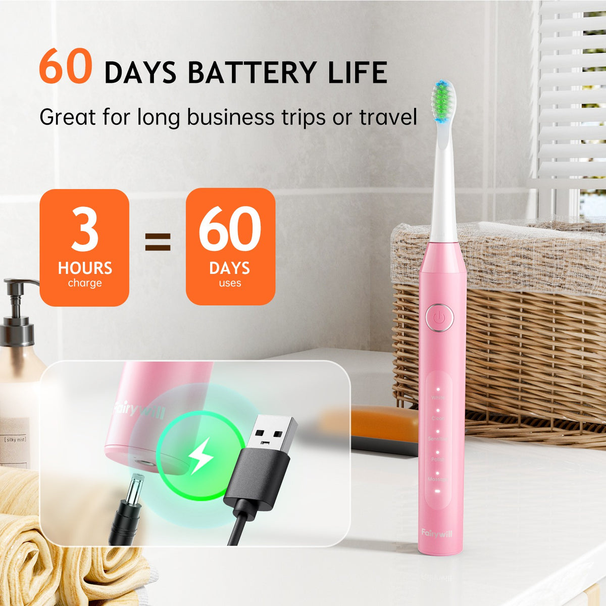Electric Toothbrush with 5 Modes & 6 Brush Heads, Rechargeable Waterproof