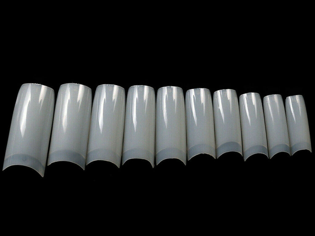 Long Square False Nail Tips - Coffin Shape, Transparent, French Style, 500 or 1000 Pcs