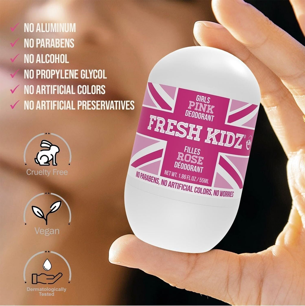 Kids Pink Roll-On Deodorant - Aluminum-Free, 24 Hour Odor Protection, Sensitive Skin Safe