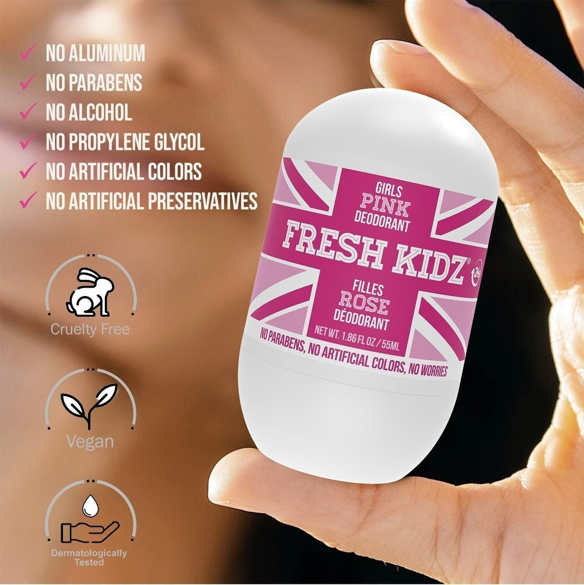 Kids Pink Roll-On Deodorant - Aluminum-Free, 24 Hour Odor Protection, Sensitive Skin Safe