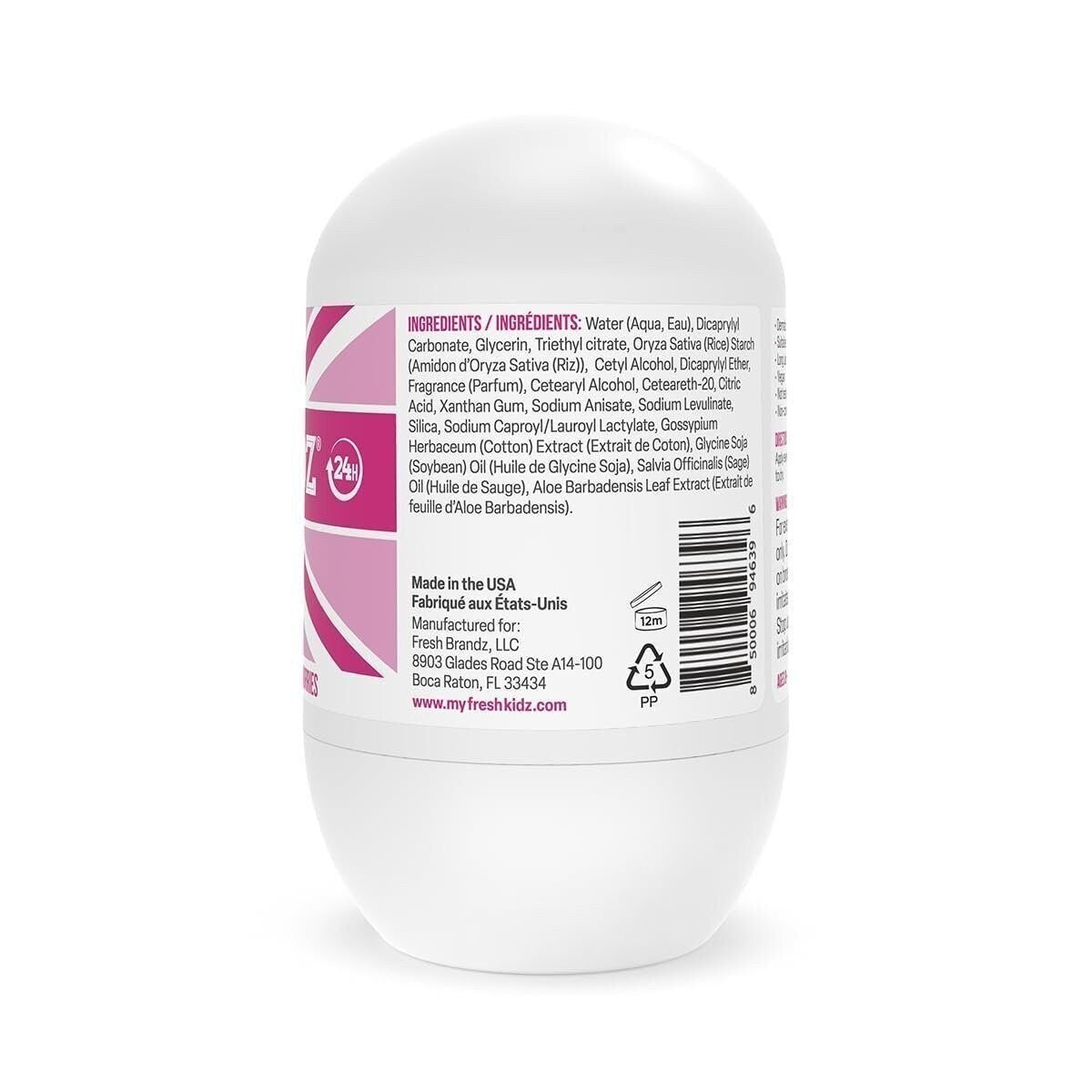Kids Pink Roll-On Deodorant - Aluminum-Free, 24 Hour Odor Protection, Sensitive Skin Safe
