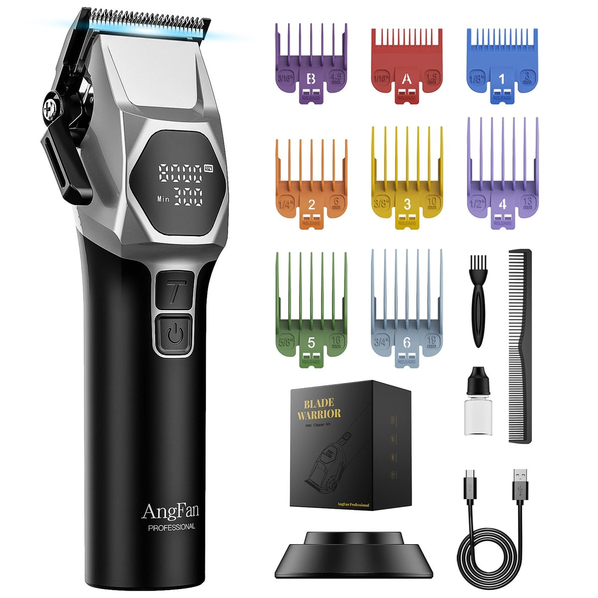 Professional Cordless Hair Clippers for Men - 8000RPM 5-Speed with Stainless Steel Blades