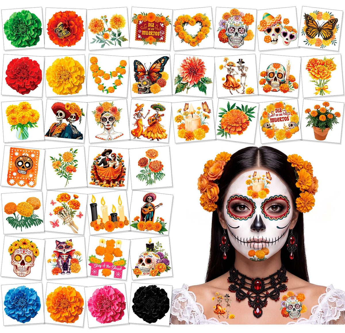 80pcs Day of the Dead Marigold Floral Temporary Tattoos for Halloween & Party Age-Defying Body Art