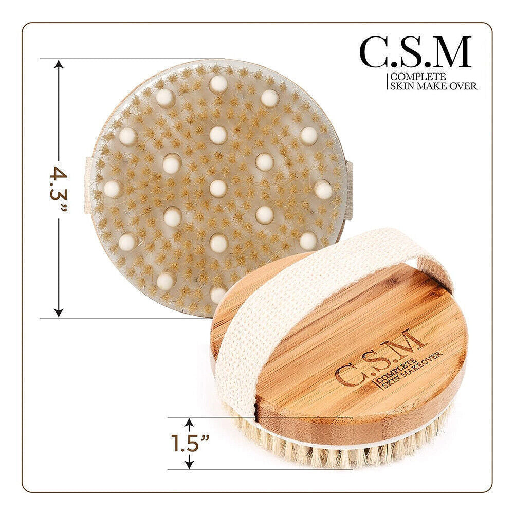 Natural Dry Body Brush for Cellulite & Lymphatic Drainage - Wooden Round Bristle