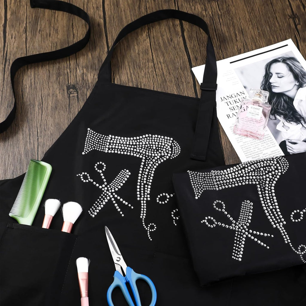 Hair Stylist Apron with Rhinestone Design, 3 Pockets & Adjustable Fit