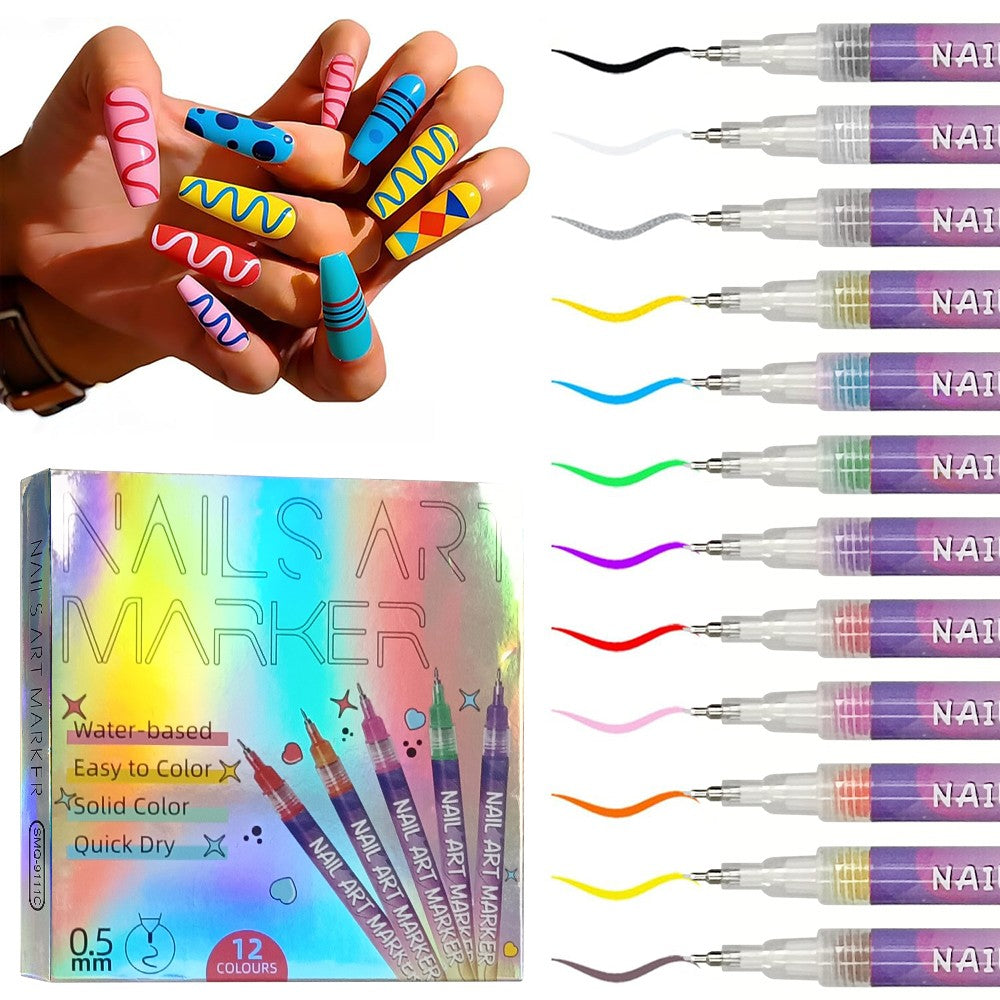 12 Colors Nail Art Pens Set with Fine Tips for DIY Manicure Designs