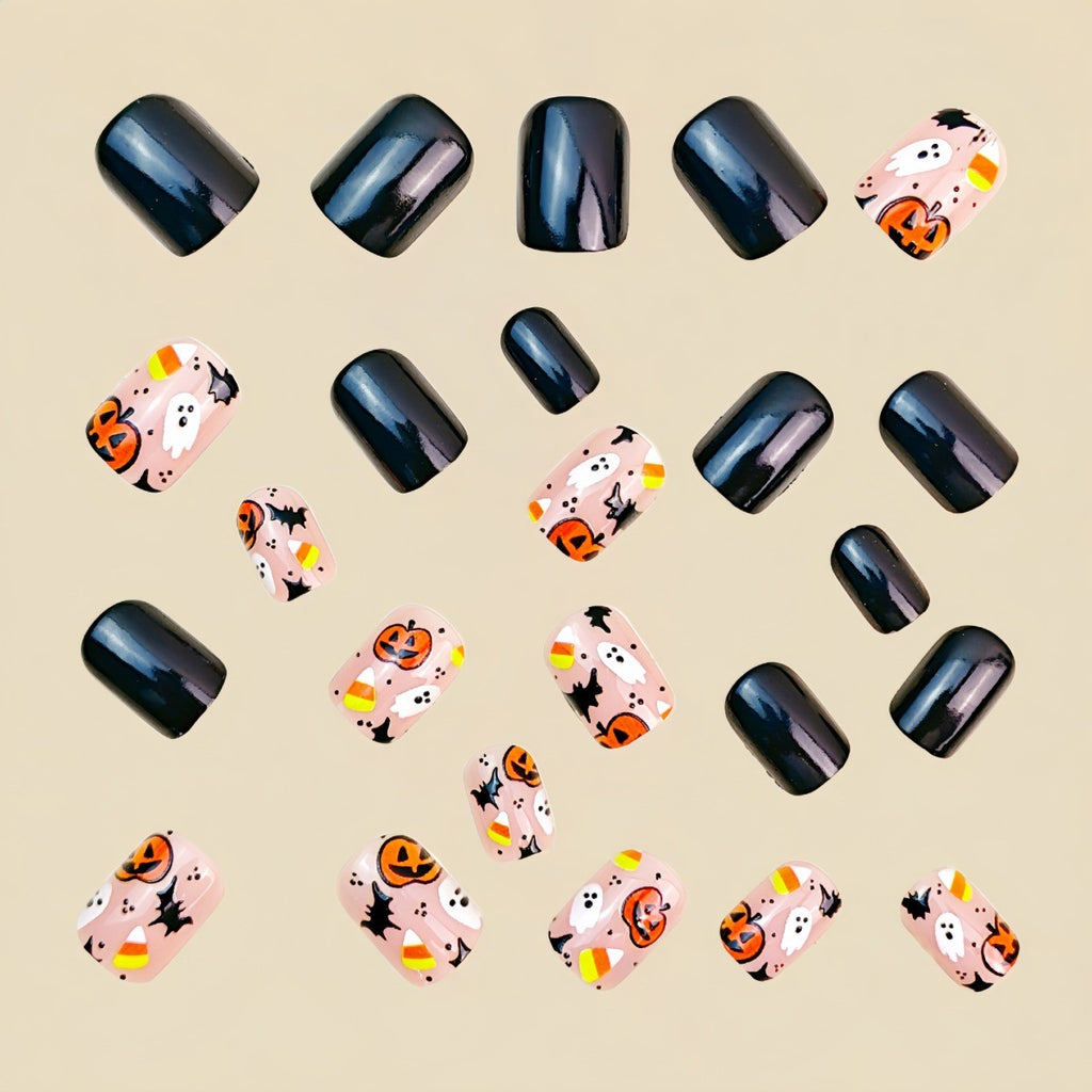 48Pcs Cute Spooky Halloween Press-On Nail Set - Pumpkin Ghost Bat Design