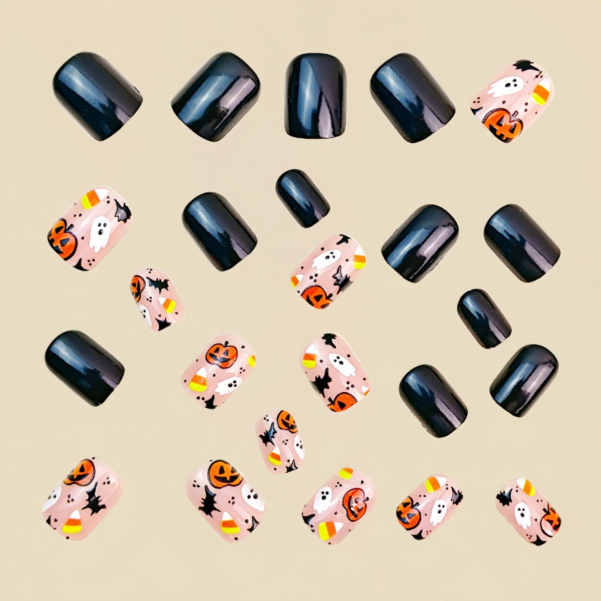 48Pcs Cute Spooky Halloween Press-On Nail Set - Pumpkin Ghost Bat Design