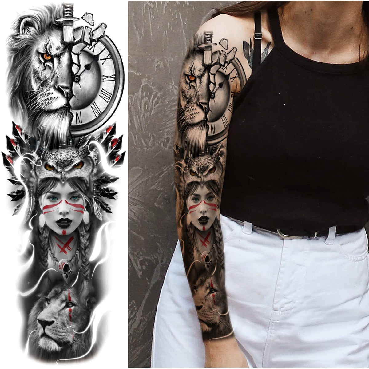 Lion & Wolf Full Sleeve Temporary Tattoo Set