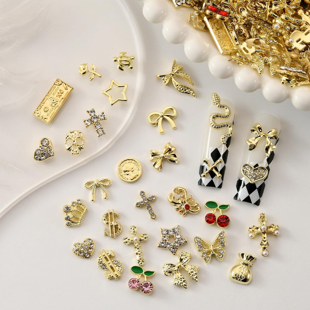 Gold Nail Charms and Gems Set for DIY Nail Art - 100 Pieces