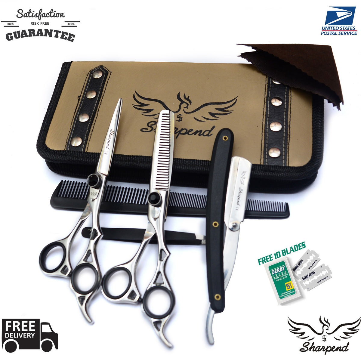Professional Hair Cutting and Thinning Scissors Set with Razor and Pouch