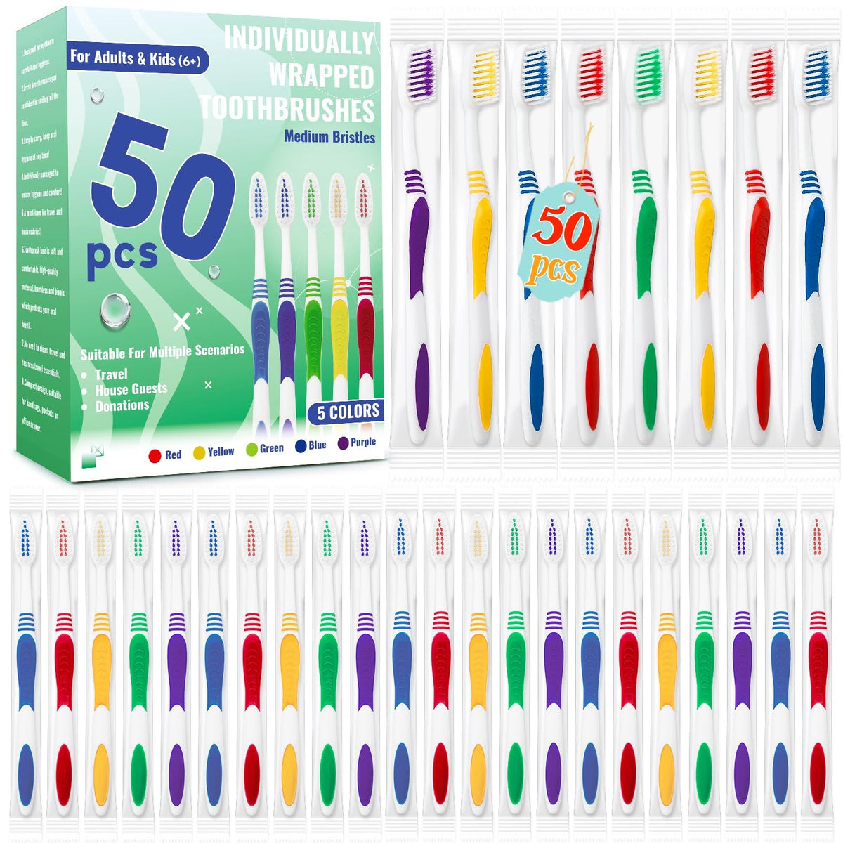 Disposable Toothbrush Pack 50 Count Soft Bristle Individually Wrapped
