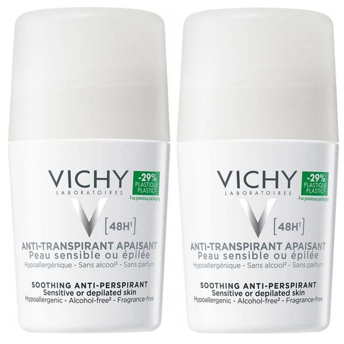 Vichy 48H Sensitive Skin Roll-on Deodorant Pack of Two - Fragrance-Free & Hypoallergenic