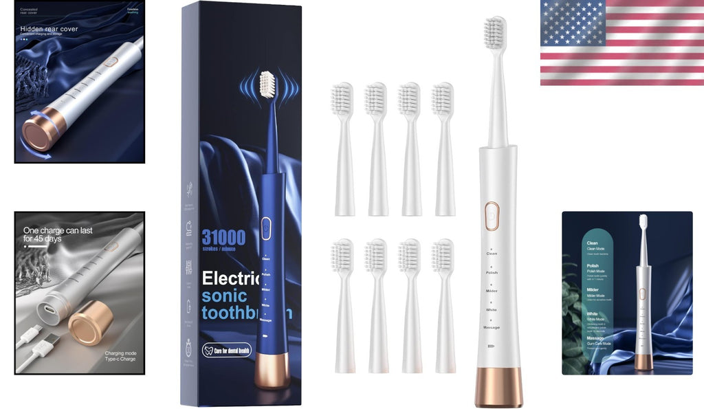 Electric Sonic Toothbrush with Smart Timer & Fast Charge – 5 Modes, 8 Brush Heads