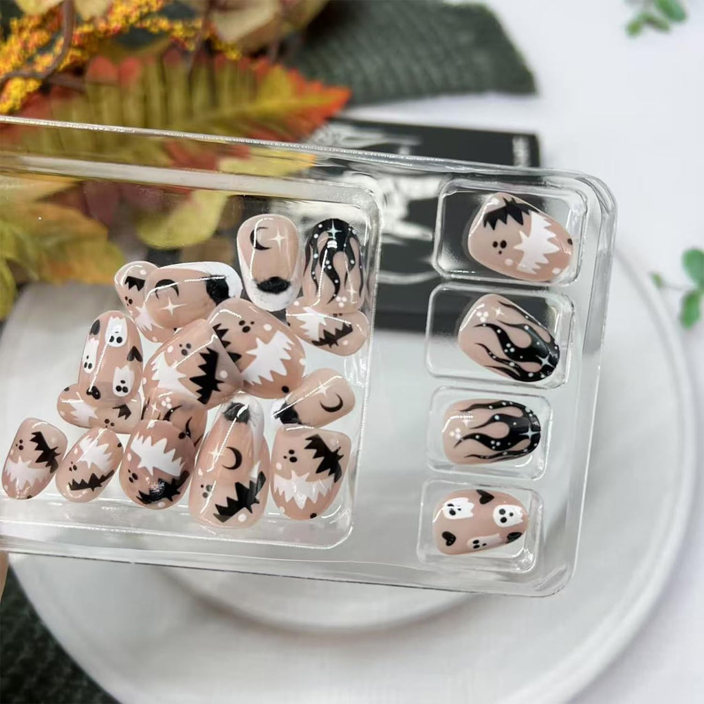Halloween Short Oval Press On Nails with Ghost and Cat Designs - Reusable Fake Nails