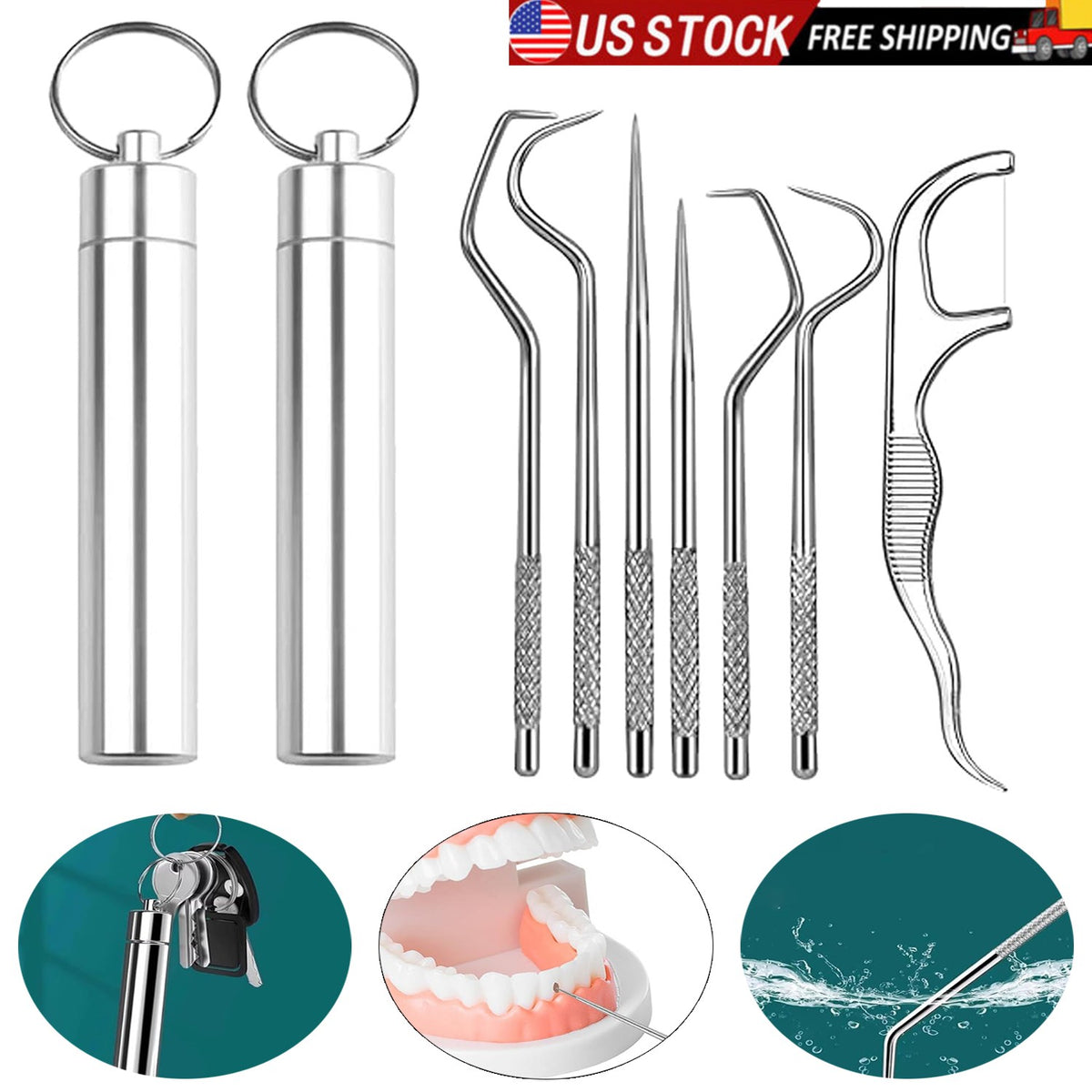 Set of 7 Stainless Steel Toothpicks with Keychain Holder - Reusable Portable Oral Care
