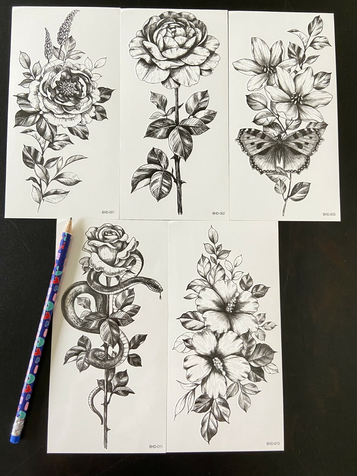 5 Sheets Temporary Tattoo Set - Floral Rose, Snake & Butterfly Waterproof