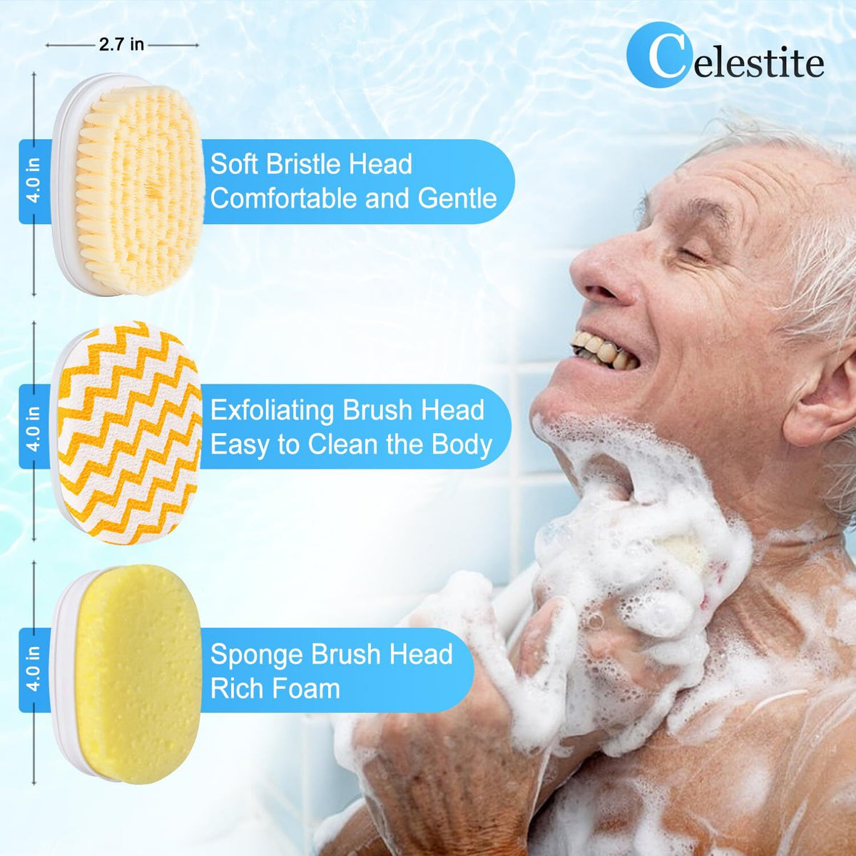 Long Handle Shower Body Brush with 3 Interchangeable Heads - Back Scrubber