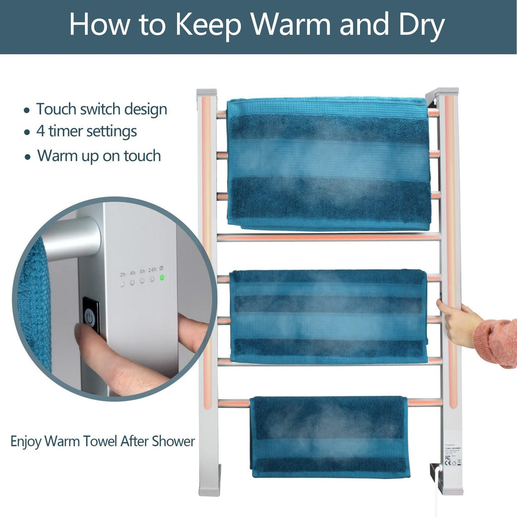 Electric Towel Warmer 8-Bar Aluminum Floor & Wall Mount with Timer