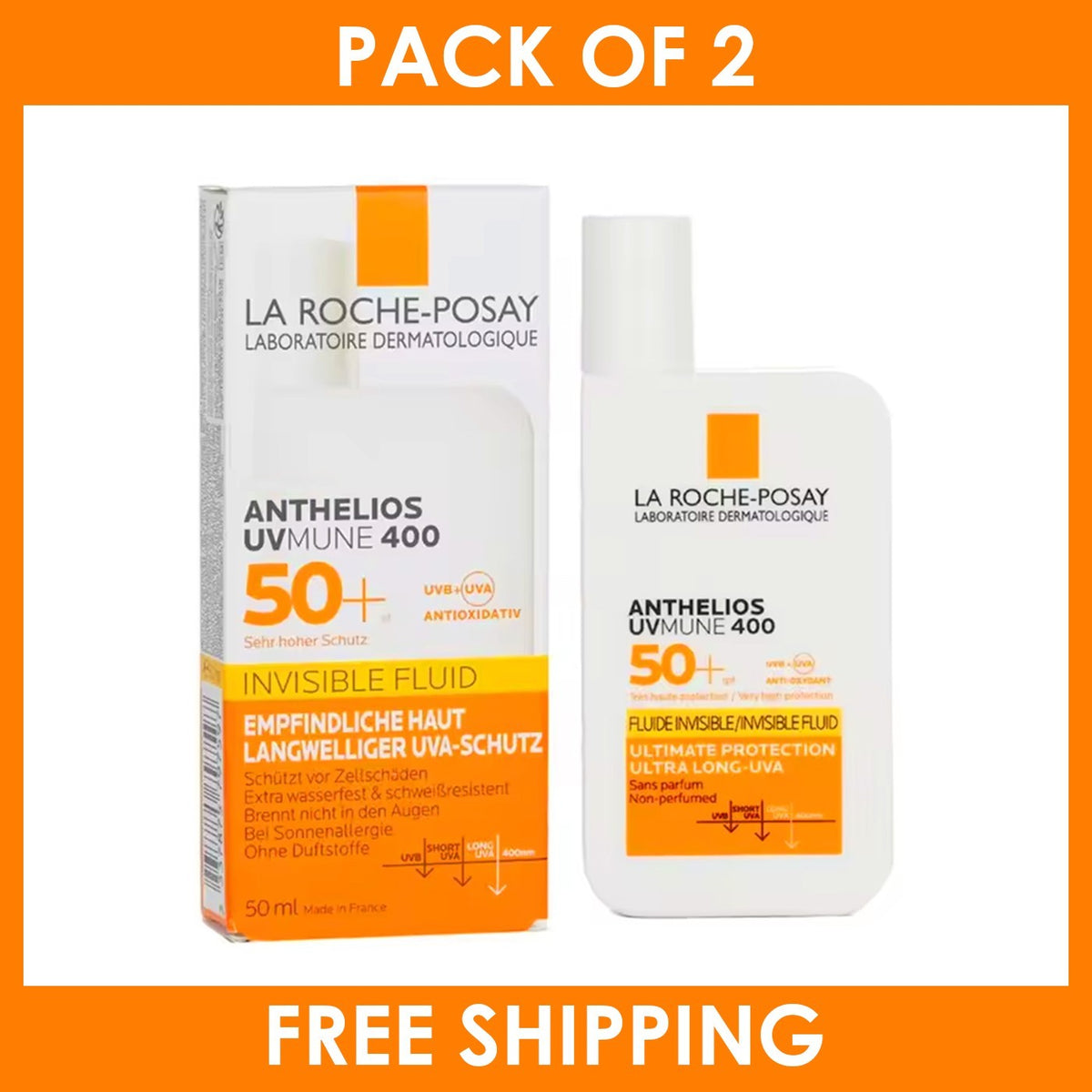SPF50+ Broad Spectrum Sunscreen Fluid Pack of 2 - Invisible, Lightweight, Non-Greasy
