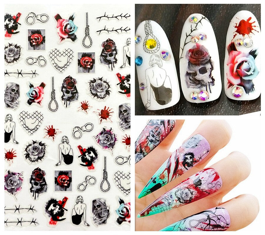 Halloween Noose Blood Rose Demon Skull Nail Stickers - Spooky Nail Art