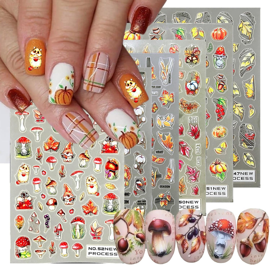 Fall Nail Art Stickers Set - 6 Sheets Autumn Maple Leaves & Decals