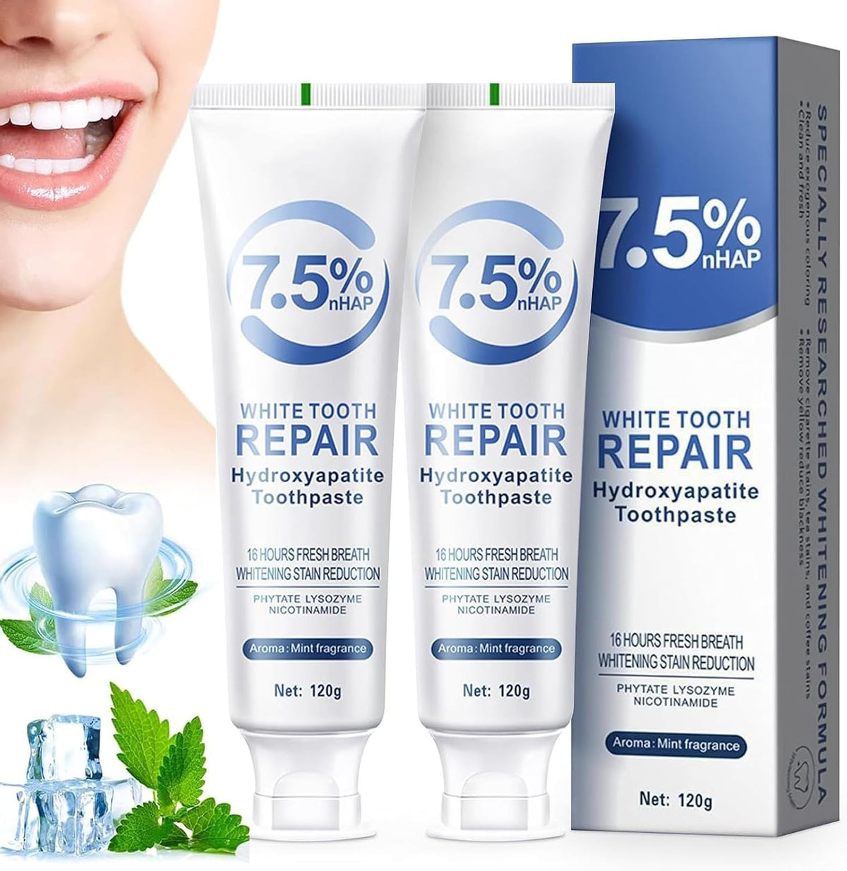 Hydroxyapatite Toothpaste 2-Pack Fluoride-Free Sensitive Enamel Repair Mint