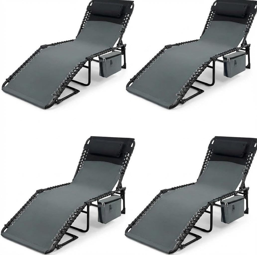 Outdoor Chaise Lounge Chairs with Adjustable Backrest & Side Pocket - Foldable, Heavy Duty Steel Frame
