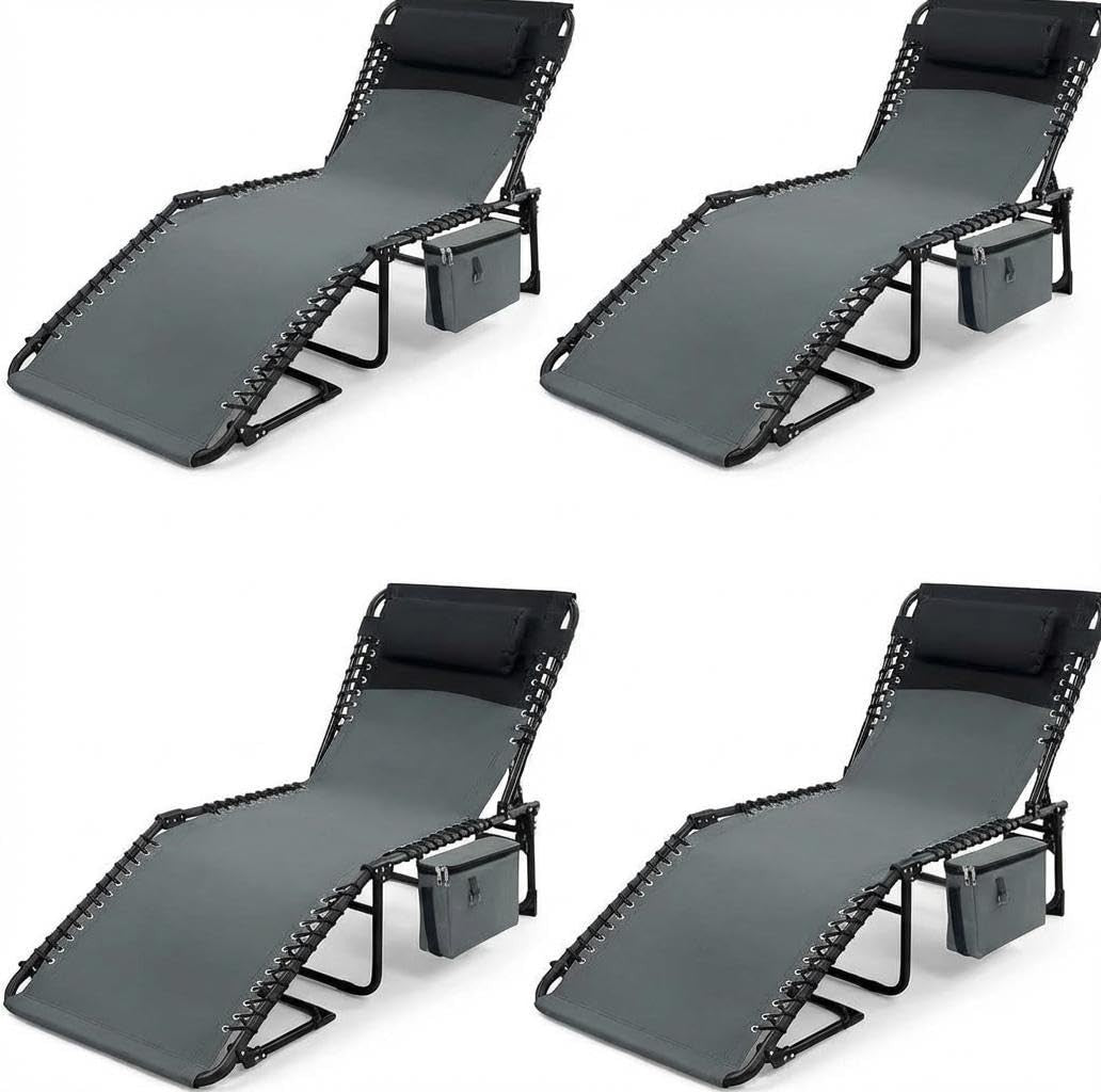 Outdoor Chaise Lounge Chairs with Adjustable Backrest & Side Pocket - Foldable, Heavy Duty Steel Frame
