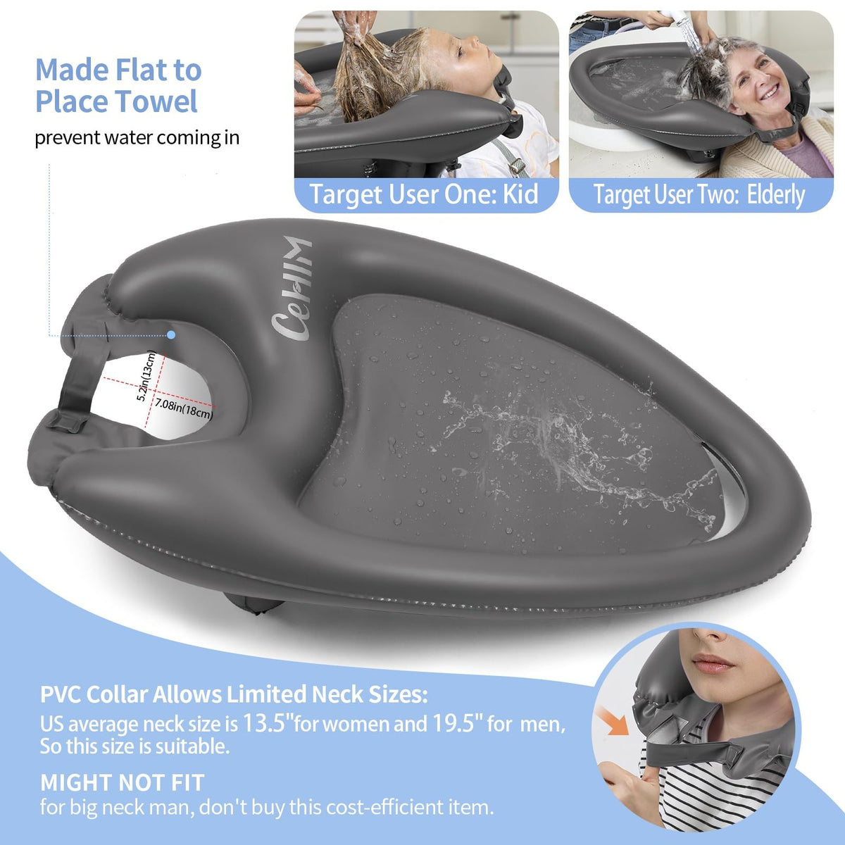 Inflatable Portable Shampoo Basin for Bedridden Hair Washing - Grey, Large